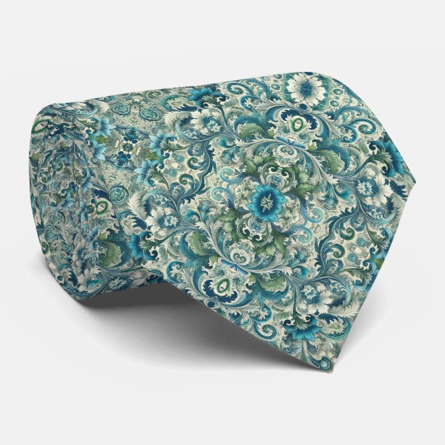 Cravate Bleu, vert et Turquoise Floral & Motif (Roulé)