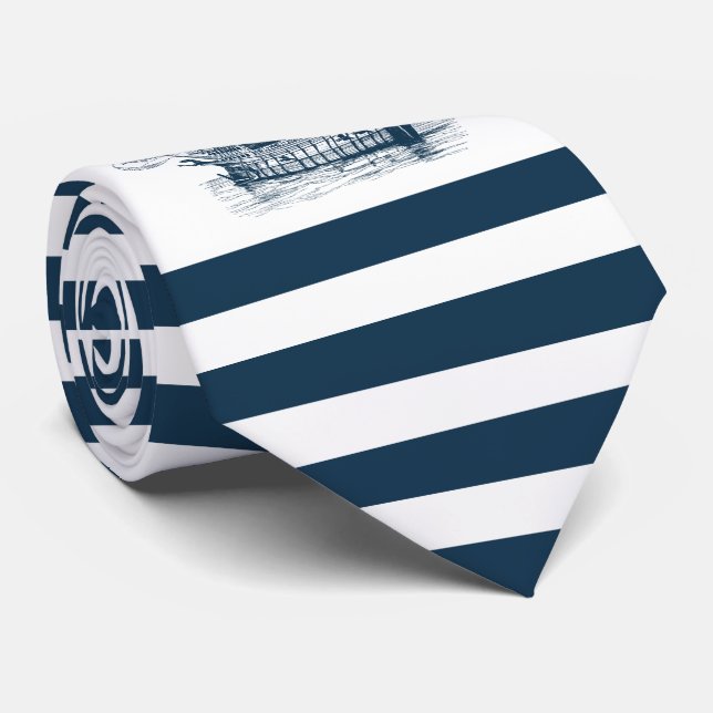 Cravate Blue & white stripes nautical wind saiboat (Roulé)