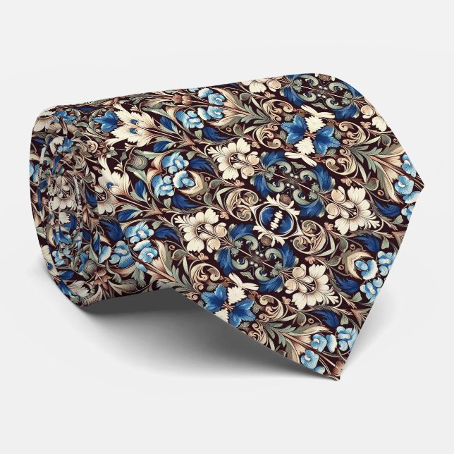 Cravate Blues, Sage, Crème, Motif Floral Brown & Noir (Roulé)