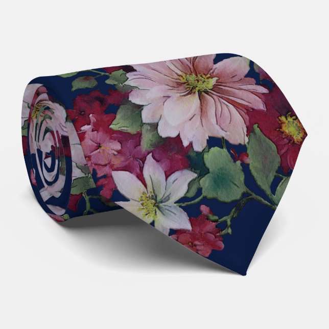 Cravate Blush Burgundy Navy Blue Floral (Roulé)