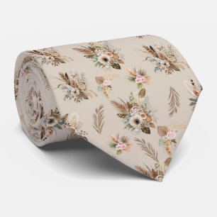 Cravate Boho Beige Marron Floral Botanique Tendance Hommes