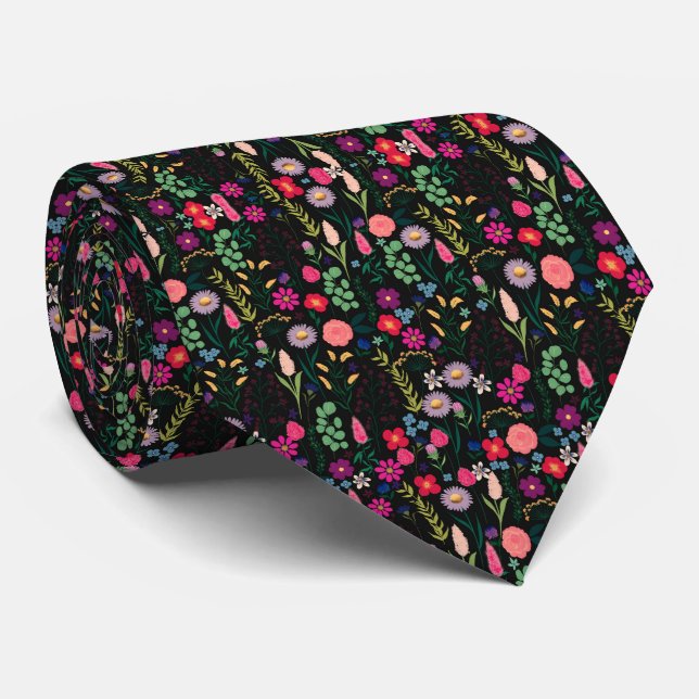 Cravate Boho Botanique Aquarelle Fleurs Noir (Roulé)