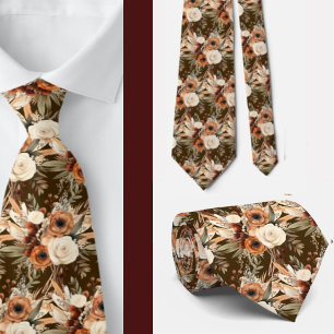 Cravate Boho Brown or Floral Aquarelle Fleurs Mariage