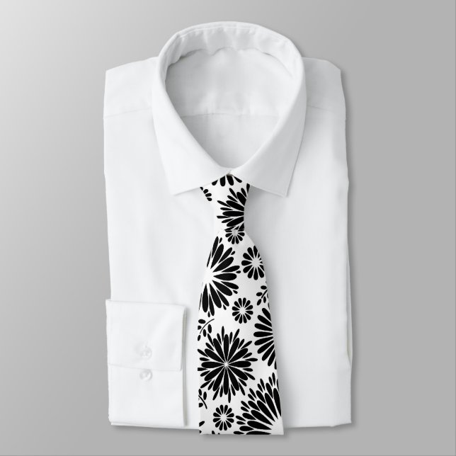 Cravate Boho Chic Black White Folk Flowers and Starburst  (Attaché)