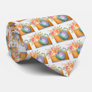 Cravate Boho Orange Camera & Fleurs Motif d'aquarelle
