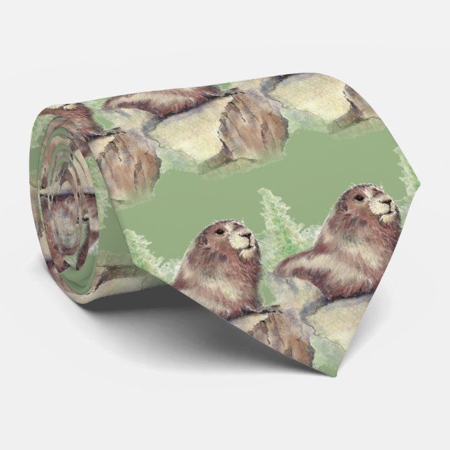 Cravate Bois d'aquarelle, marmotte, marmotte de fond Art a (Roulé)
