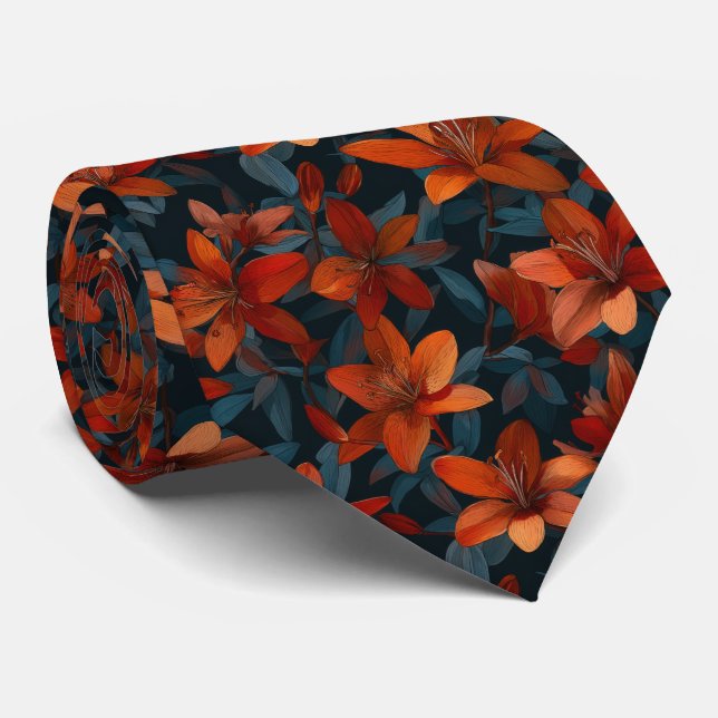 Cravate Bold Orange Lily Floral Pattern on Dark (Roulé)