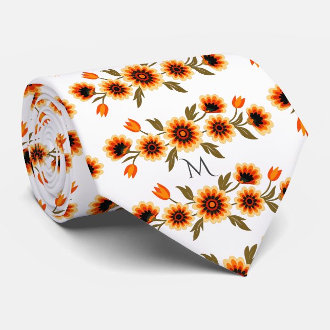Cravate Bold Retro Floral Pattern in Orange Yellow Black (Roulé)