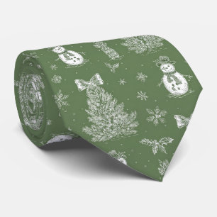 Cravate Bonhomme de neige vintage Noël Toile Vert sauge Bl