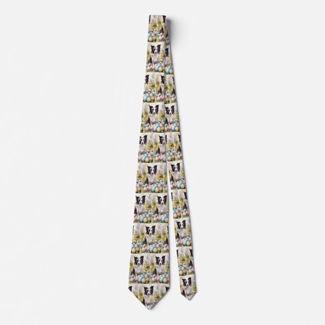 Cravate Bordure Collie Chien avec Oeufs de Pâques Fête (Devant)