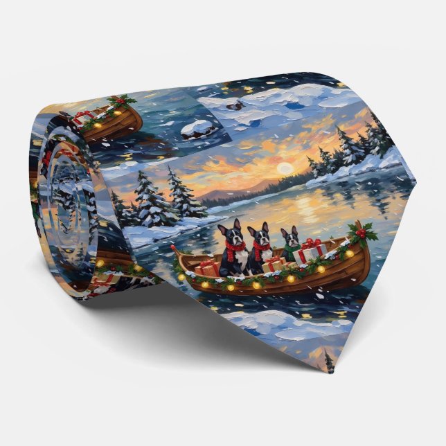Cravate Boston Terrier Christmas Boat Holiday (Roulé)