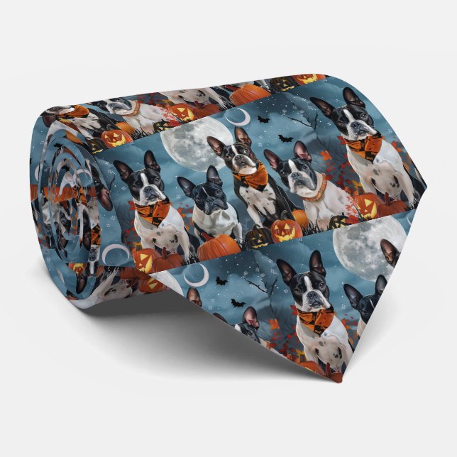 Cravate boston terrier Halloween Éffrayant (Roulé)