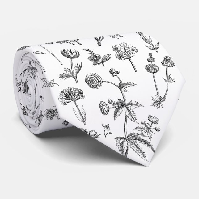 Cravate Botanique Floral Noir | (Roulé)