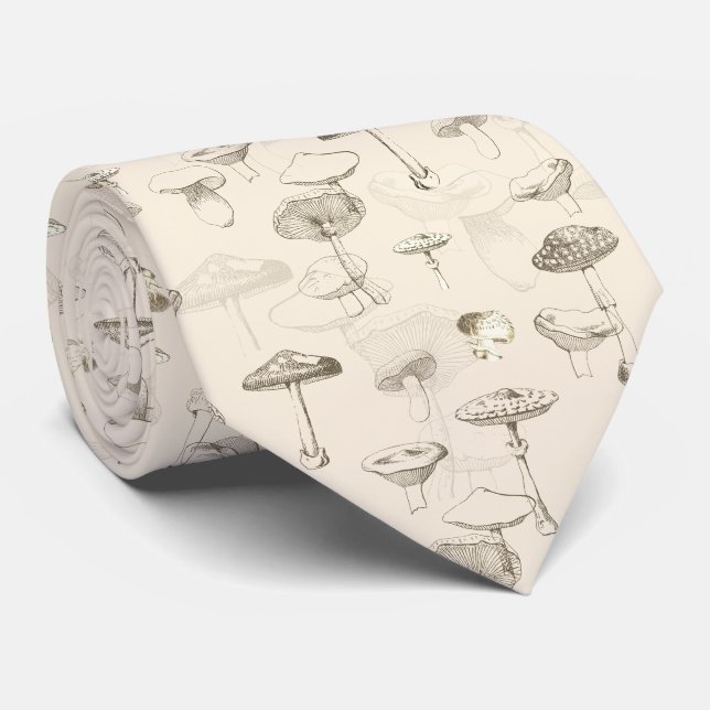 Cravate Botanique Forêt Beige Motif de champignons (Roulé)