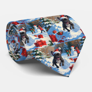 Cravate Bouledogue français noir scène festive de Noël enn