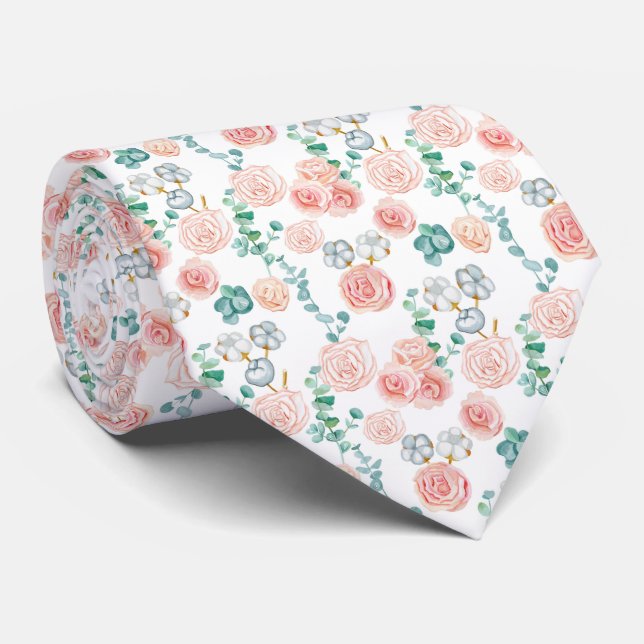Cravate Bouquet d'aquarelle romantique Rose Motif de verdu (Roulé)