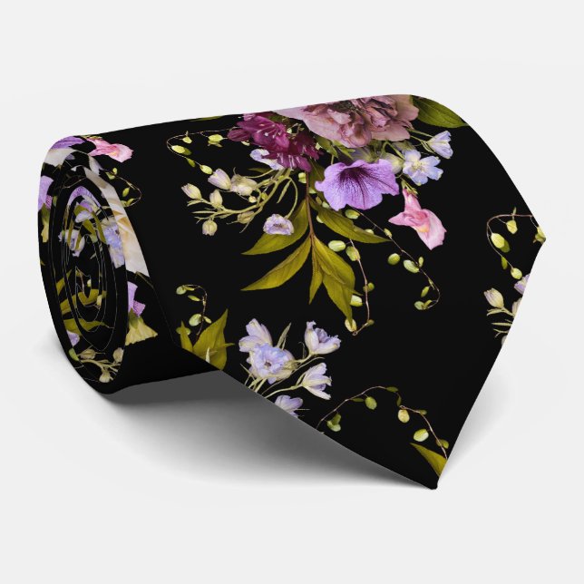 Cravate Bouquet de fleurs violettes sur le noir (Roulé)