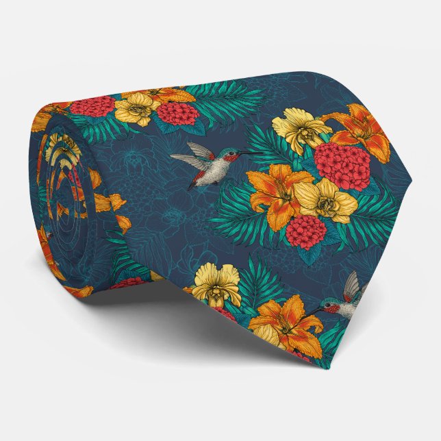 Cravate Bouquet et colibris tropicaux (Roulé)