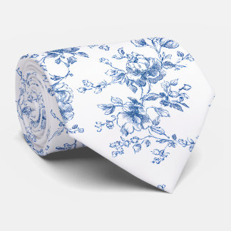 Cravate Bouquet Floral Toile Bleu Blanc Botanique Vintage 