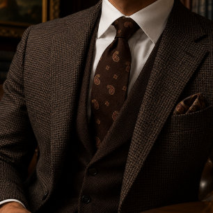 Cravate Bourgogne Vieil Argent Paisley Tweed à Chevrons