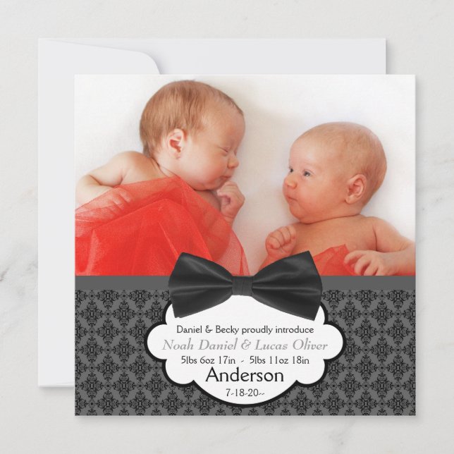 Cravate Bow Twin Baby Boy Photo Faire-part de nais (Devant)