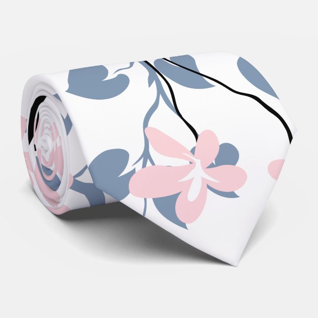Cravate Branche bleu et noir poussiéreux, fleurs rose pâle (Roulé)