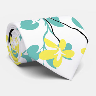 Cravate Branche bleue et noire turquoise et fleurs jaunes