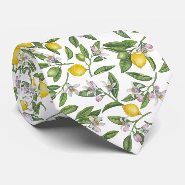 Cravate Branches de citron avec fleurs et fruits sur blanc (Roulé)