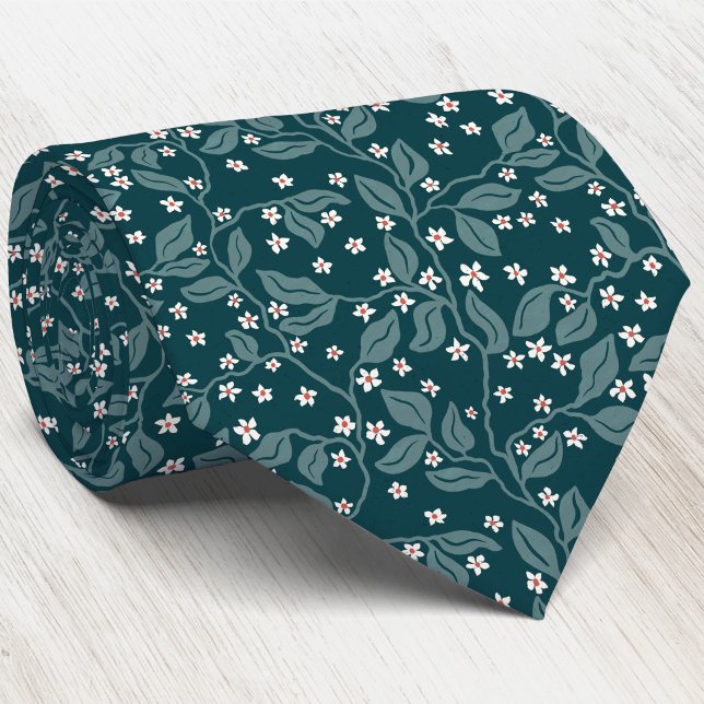 Cravate Branches de Fleur de Pommier Impression Botanique  (Apple blossom branches foliage Arts and Crafts heritage style teal green botanical neck tie)