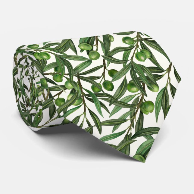 Cravate Branches d'olive sur blanc (Roulé)