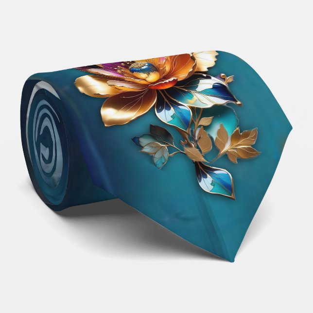 Cravate bronze Abstrait, style baroque bleu or (Roulé)