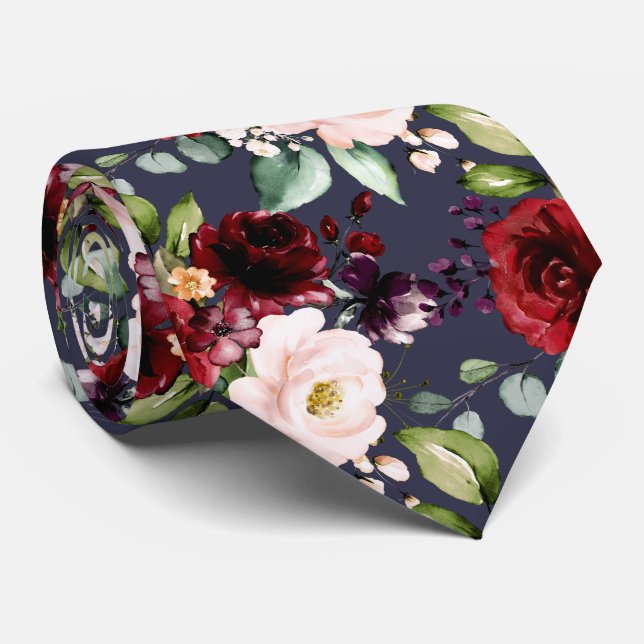 Cravate Burgundy Blush Navy Aquarelle Fleurs do-it-yoursel (Roulé)