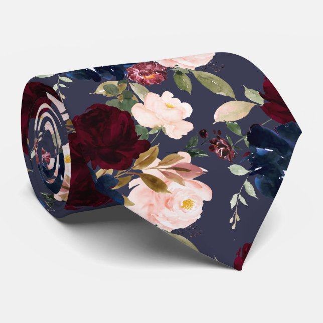 Cravate Burgundy Blush Navy Aquarelle Fleurs do-it-yoursel (Roulé)
