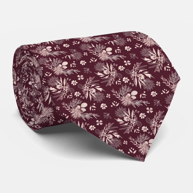 Cravate Burgundy Floral Pattern Groom's Mariage Attire (Roulé)