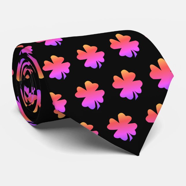 Cravate Cadeau de la Saint-Patrick Rose Shamrock Noir Fave (Roulé)