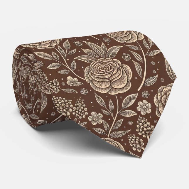 Cravate Café Rose à motifs floraux sauvages (Roulé)