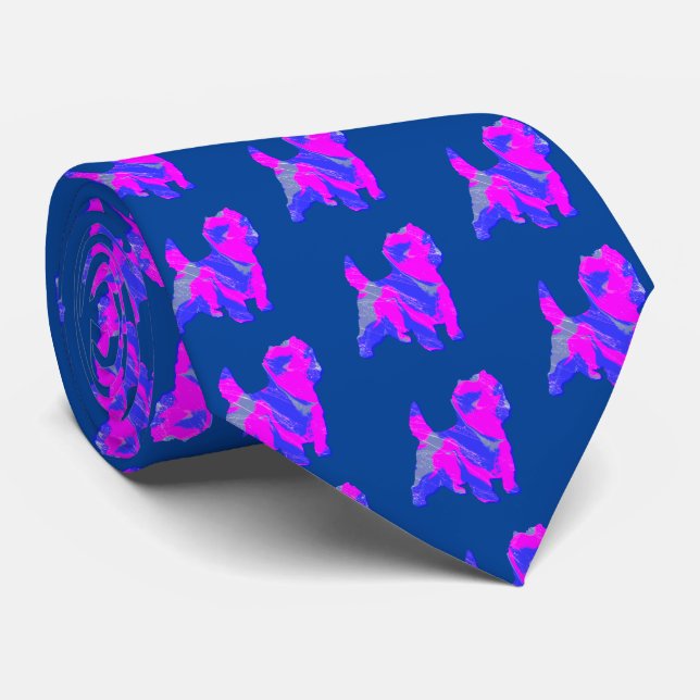 Cravate Cairn Terrier Chien Silhouette rose et bleu foncé  (Roulé)