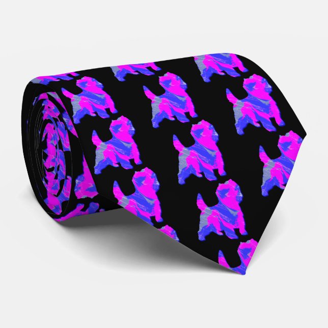 Cravate Cairn Terrier Chien Silhouette rose et bleu noir (Roulé)