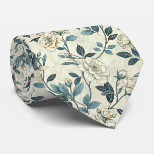 Cravate Camélia ivoire Indigo Chinoiserie Botanique
