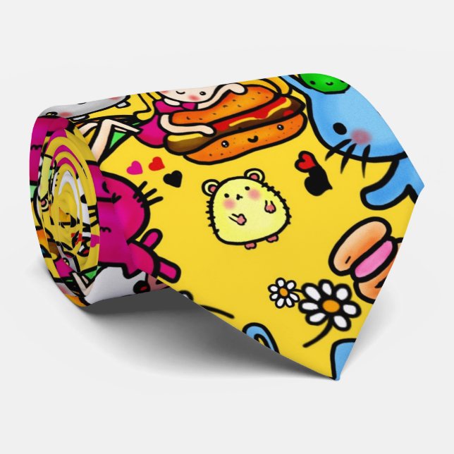 Cravate Caractère de la fête de Kawaii Doodles jaune Perso (Roulé)
