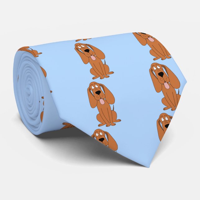 Cravate Caricature Brown de chien sur Pastel Blue. Hauteur (Roulé)