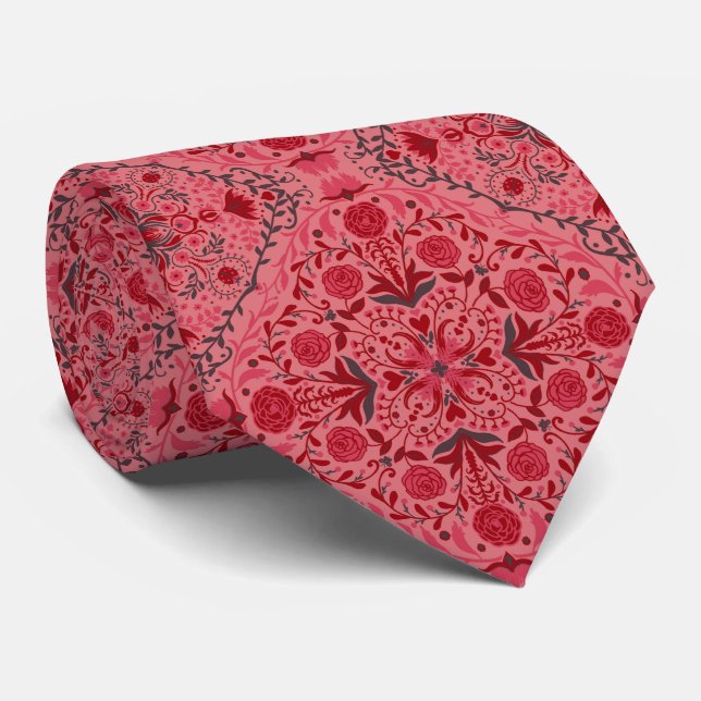 Cravate Carreaux floraux en rouge et pastèque rose (Roulé)