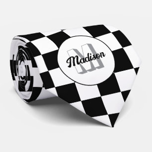 Cravate Carrés à damier noir et blanc rétro Monogramme