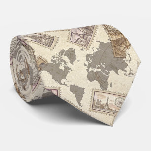 Cravate Carte du monde de timbres-poste vintage Voyage (2)