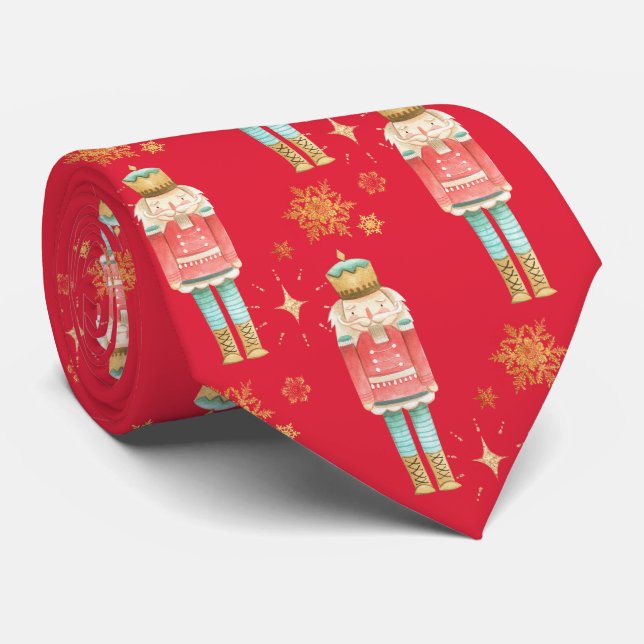 Cravate Casse-noix de Noël Golden Snowflakes Rouge (Roulé)