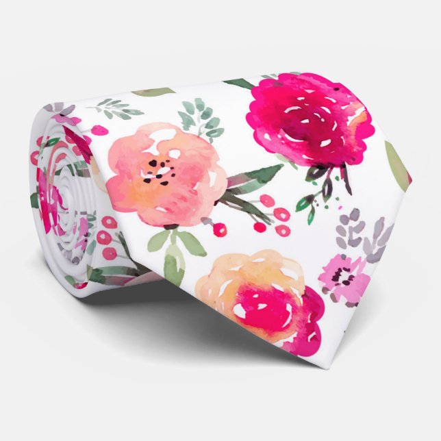 Cravate Cerise Rose Aquarelle Mariage Floral (Roulé)