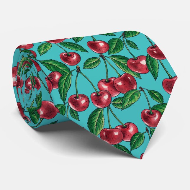 Cravate Cerises rouges sur turquoise (Roulé)