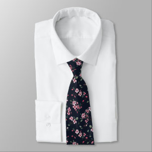 Cravate Cerisiers roses fleuris sur un motif bleu marine