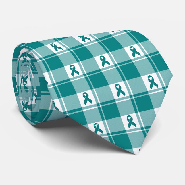Cravate Cervical Cancer Awareness Plaid Teal Ribbon (Roulé)