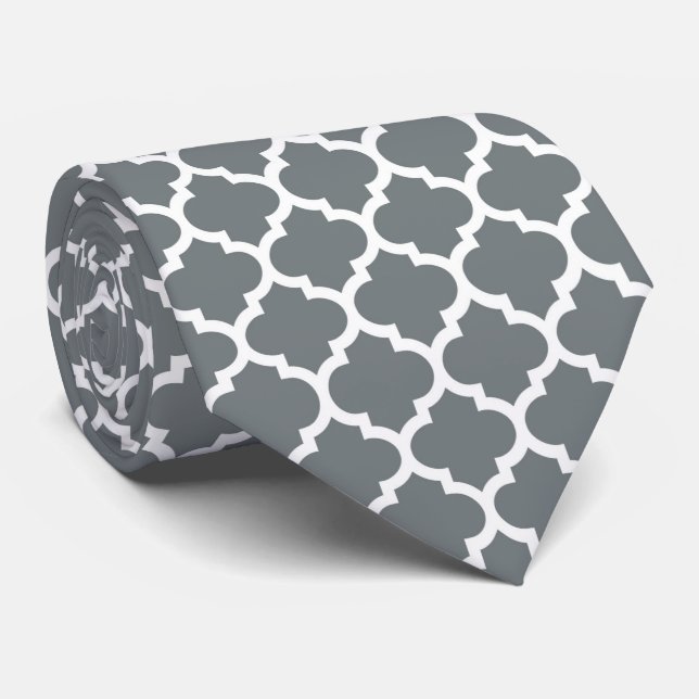 Cravate Charcharbon gris blanc Quatrefoil marocain Motif # (Roulé)
